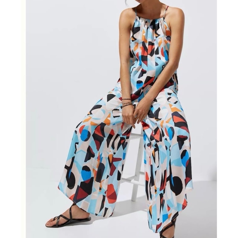Anthropologie Breezy Wide Leg Jumpsuit Womens Abstract Multicolor size M Pockets